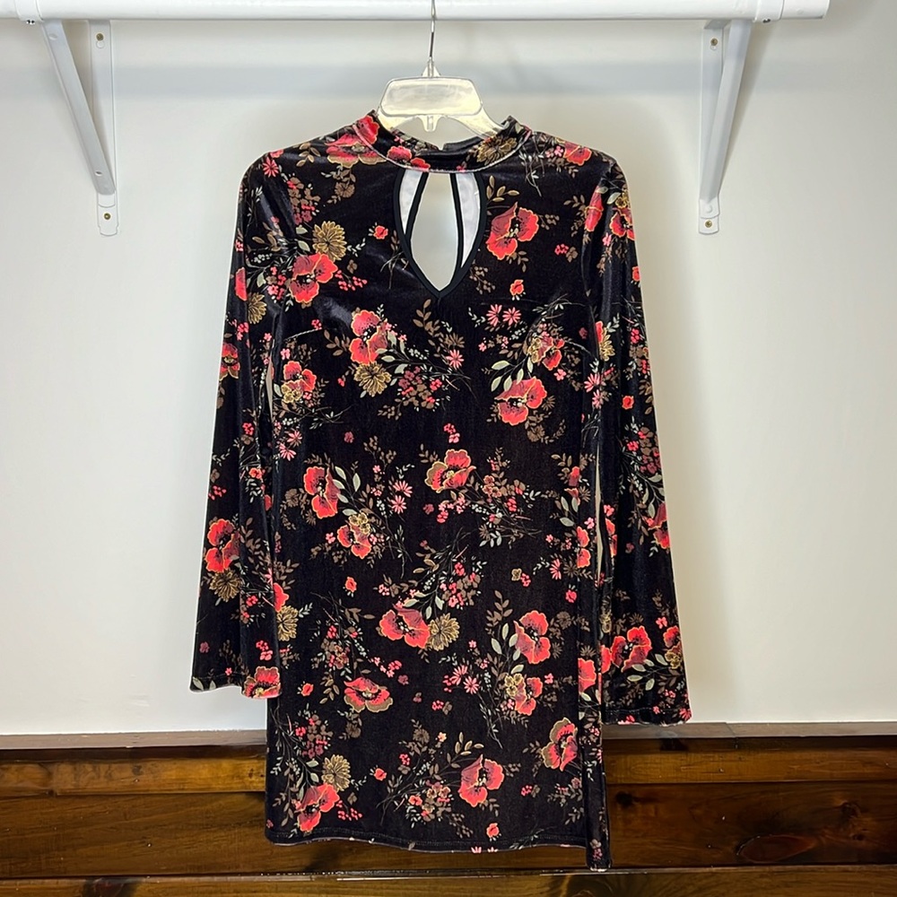 Xhilaration Retro Bell Sleeve Brown‎ Floral Velvet Dress- M